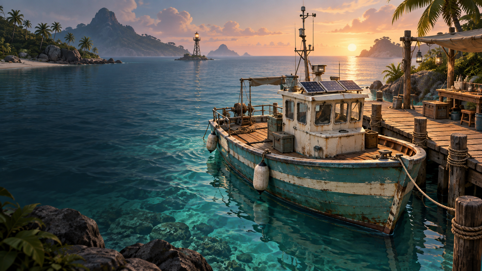 A weathered teal workboat beside a sunlit island crafting dock
